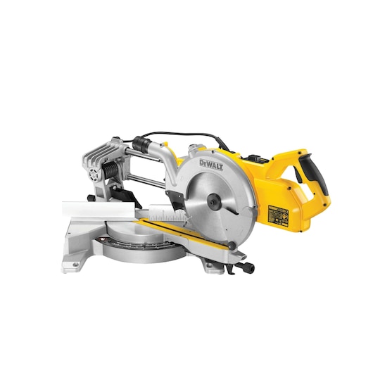 DEWALT DWS778 sliding mitre saw with yellow and silver design, shown on a white background.