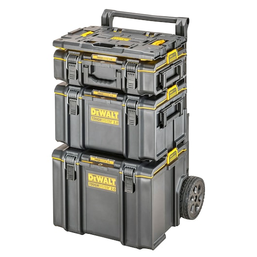 Stacked DEWALT ToughSystem tool boxes with wheels and handle for portable storage.