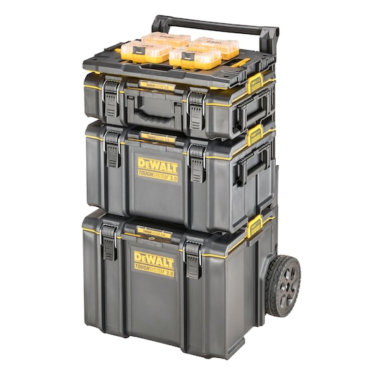 DEWALT ToughSystem 2.0 stackable toolboxes on wheels with organizer cases on top.