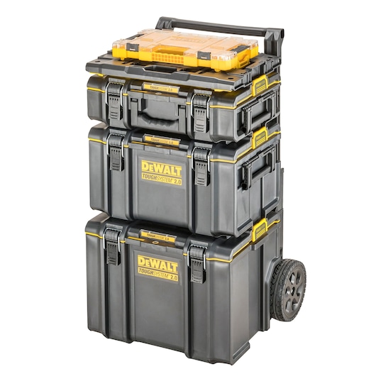 Stacked DEWALT ToughSystem 2.0 wheeled toolboxes with organizer on top, black and yellow, for tool storage.