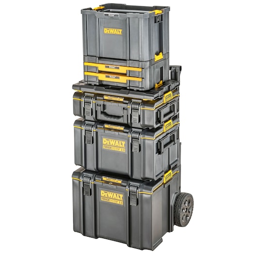 Stacked DEWALT ToughSystem toolboxes with wheels and yellow accents, designed for secure tool storage and transport.