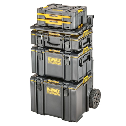 Stacked DEWALT ToughSystem 2.0 toolboxes with wheels, black and yellow, suitable for storing and transporting tools.