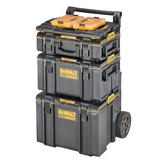 DEWALT ToughSystem 2.0 stackable wheeled toolboxes with organizer on top.