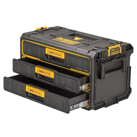 A DEWALT ToughSystem 2.0 tool storage box with three pull-out drawers, featuring a black and yellow design.