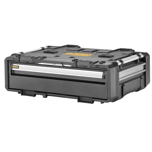 A DEWALT branded black plastic storage box with reinforced corners, metal handles, and a large central drawer. The box features the DEWALT logo on the front and top, and is designed for durable tool or equipment storage.