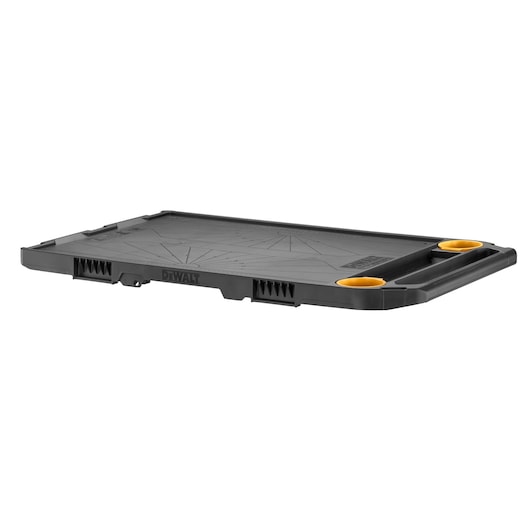 A low-profile black plastic tray with two yellow circular inserts and a handle, designed for use with DEWALT tool storage systems.