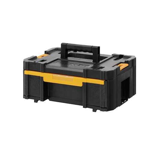 Black and yellow DEWALT tool box with a handle, sturdy design for storage and transport of tools.