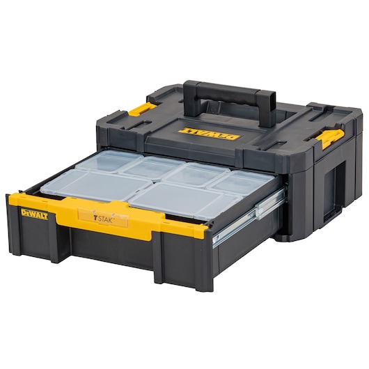 DEWALT black toolbox with yellow handle and open drawer showing organizer compartments.