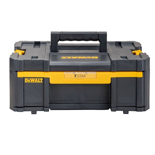 DEWALT T-STAK black and yellow tool box with handle, front view.