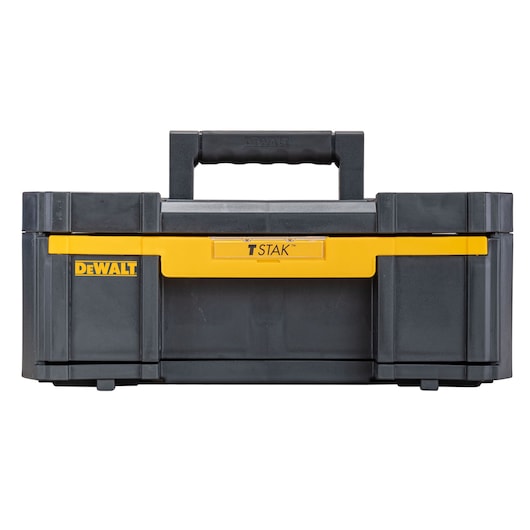 DEWALT TSTAK black and yellow portable toolbox with handle, shown closed and facing forward.