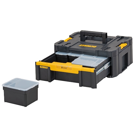 DEWALT storage box with open drawer and removable plastic containers shown on a white background.