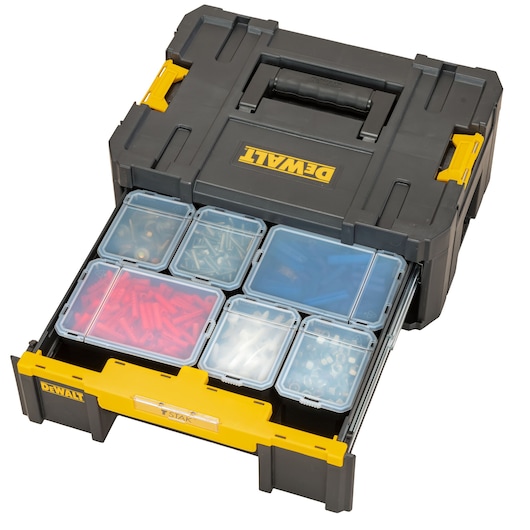 DEWALT tool box with pull-out drawer containing sorted small parts in clear plastic containers.