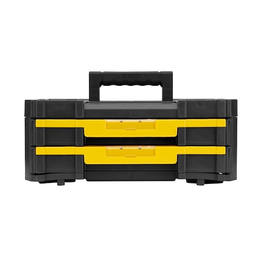 DEWALT black and yellow tool box with two front drawers and a central handle, shown on a white background.