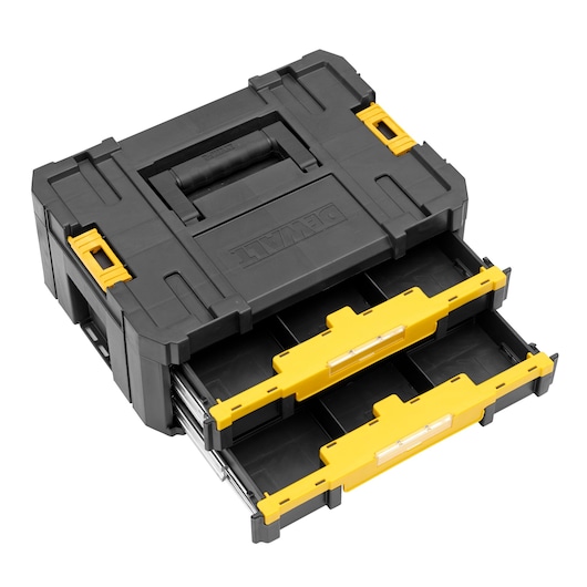 Black DEWALT tool storage case with two yellow drawers, sturdy handle on top, suitable for carrying tools.