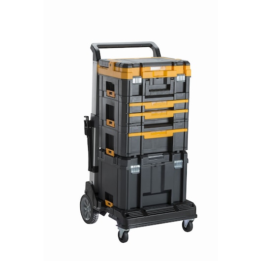 DEWALT black and yellow mobile tool storage trolley with stacked boxes and drawers on wheels.