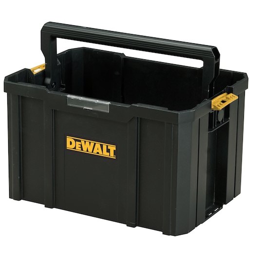 DEWALT black open toolbox with yellow logo and a large carrying handle on top.