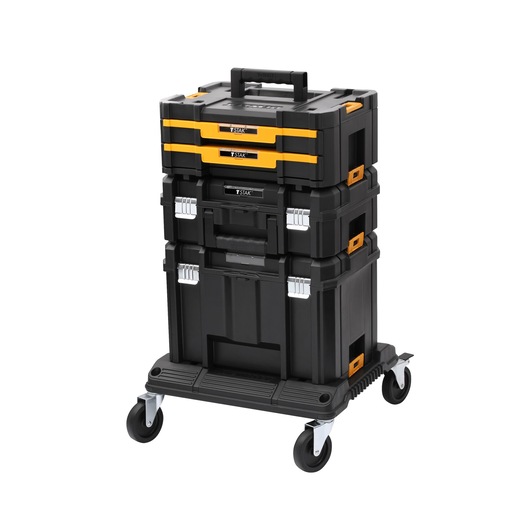 Stacked DEWALT toolboxes on a wheeled base, featuring black and yellow compartments for portable storage.
