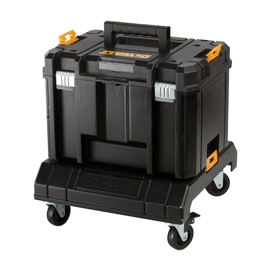 DEWALT black wheeled toolbox with orange latches and handle, shown on a white background.