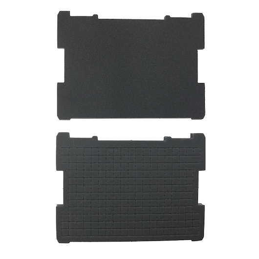 Two rectangular black foam inserts, one with a grid pattern and one plain, shown side by side on a white background.