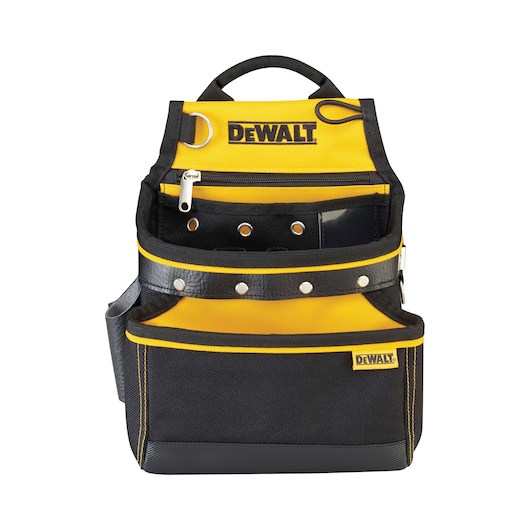 A DEWALT branded tool pouch with multiple compartments, made from yellow and black durable fabric, featuring metal rivets and a zipper pocket.