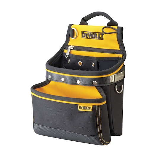 A DEWALT branded tool pouch in black and yellow. The pouch features multiple compartments, a front pocket, metal rivets for durability, and a handle on top for easy carrying.