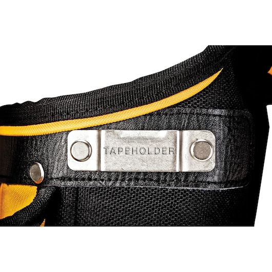 Close-up of a DEWALT fabric tool pouch with a metal tape holder labeled 'TAPEHOLDER'.