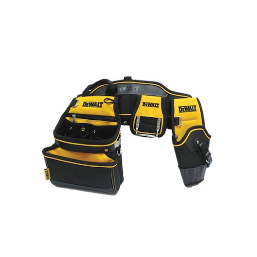 A DEWALT tool belt with multiple black and yellow pouches and holders, designed to carry various tools and accessories.