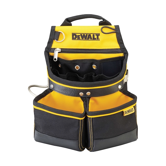 DEWALT tool pouch with multiple pockets and compartments in yellow and black fabric, suitable for organizing tools.
