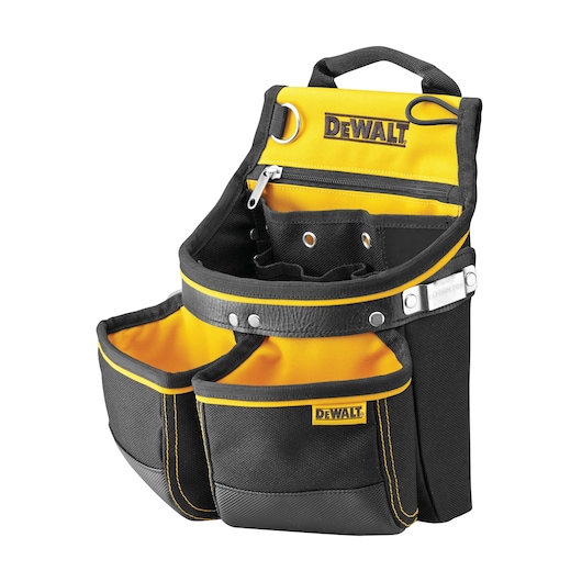 DEWALT tool pouch with multiple pockets, zipper, black and yellow design for carrying tools.