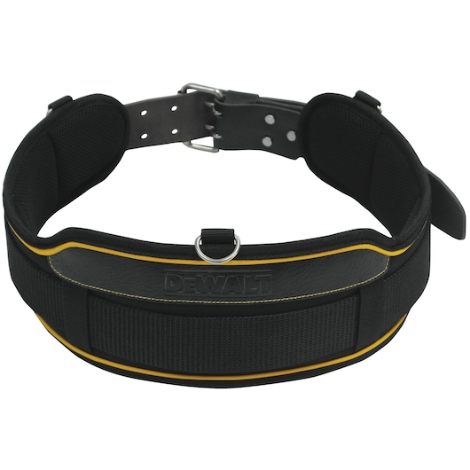 Black DEWALT padded tool belt with yellow trim and metal buckle, designed for comfort and durability.