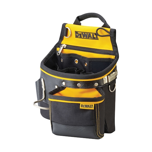 A DEWALT branded black and yellow tool pouch with multiple pockets and metal loops for holding tools, designed for carrying and organizing work equipment.