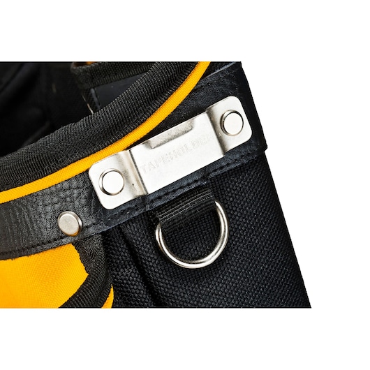Close-up of a DEWALT tool belt with a metal tape holder and a metal ring on black and yellow fabric.