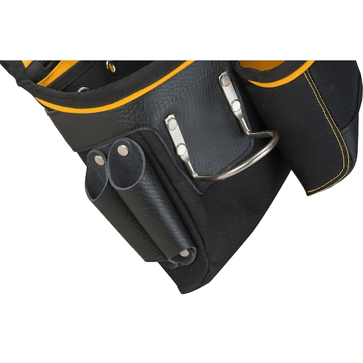 Close-up of a DEWALT black tool pouch with metal holders and yellow stitching detail.