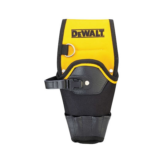 DEWALT yellow and black tool holster with buckle and metal ring for holding tools on a belt.
