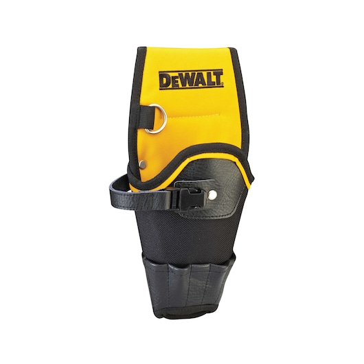 DEWALT black and yellow tool holster with buckle and metal loop, used for carrying tools on a belt.