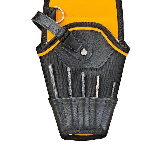 DEWALT black and yellow tool pouch with slots for drill bits and a strap for attachment.