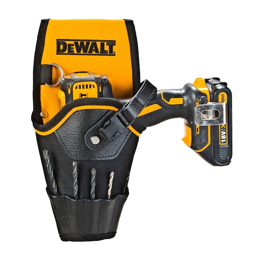 DEWALT drill holster with drill, drill bits in front pocket, black and yellow design, front view.