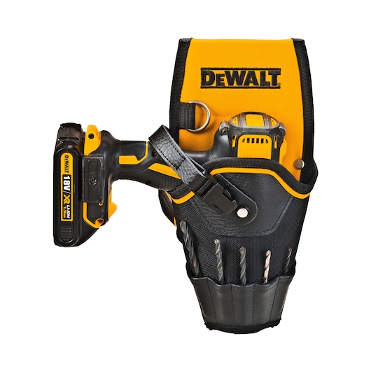 DEWALT drill in black and yellow holster with bit holders, used for tool carrying and storage.