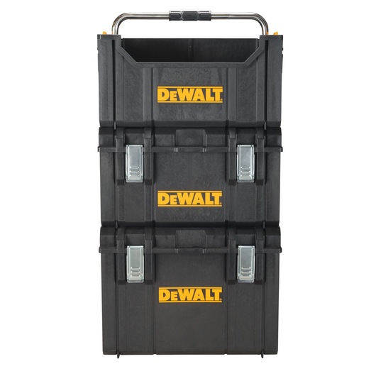Stacked DEWALT black plastic toolboxes with metal latches and a top carry handle.
