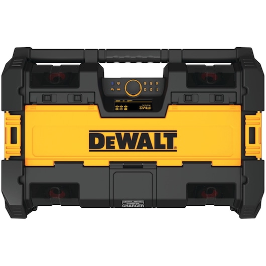 DEWALT yellow and black jobsite radio with built-in charger and handle, front view showing controls and logo.