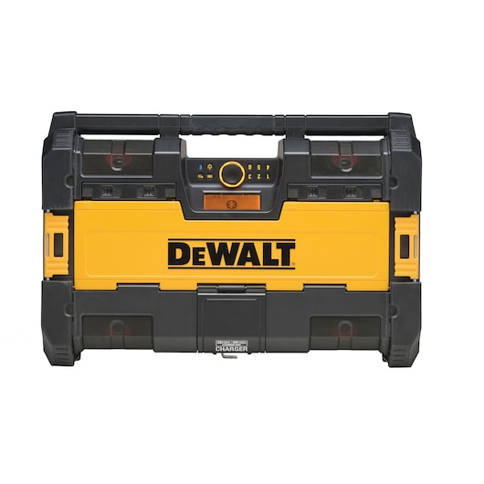 DEWALT yellow and black portable toolbox with built-in radio and charger, photographed on a white background.