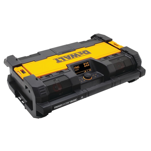 DEWALT portable ToughSystem music player with FM radio and control panel on top.