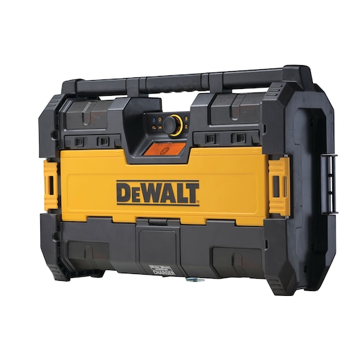 DEWALT portable radio and toolbox, black and yellow, with handle and control panel on front.