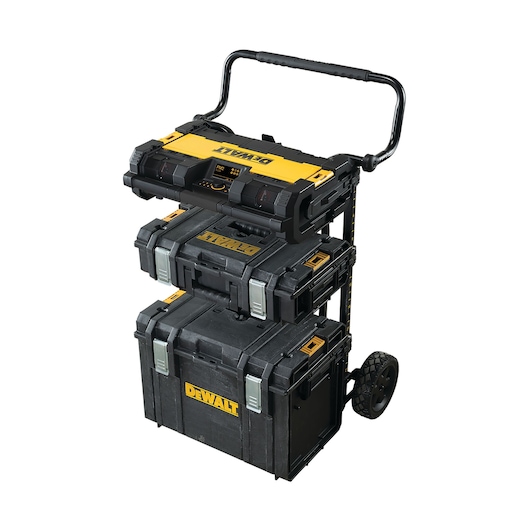 DEWALT mobile stackable storage boxes on wheels with handle, black and yellow, suitable for tools and equipment.