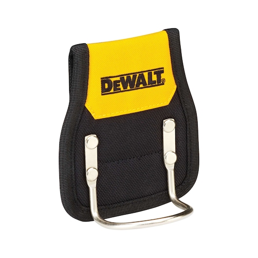 DEWALT black and yellow tool holder with metal loop for securing tools on a work belt.