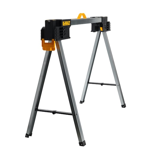 A DEWALT metal folding sawhorse with adjustable legs and yellow accents, designed for supporting materials during construction or woodworking tasks.