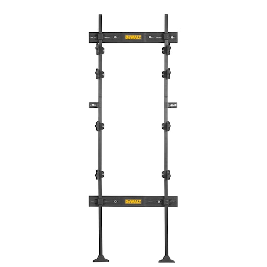 A DEWALT door frame clamp tool, black in color, with adjustable clamps and two horizontal bars featuring the yellow DEWALT logo, designed for securing door frames during installation.