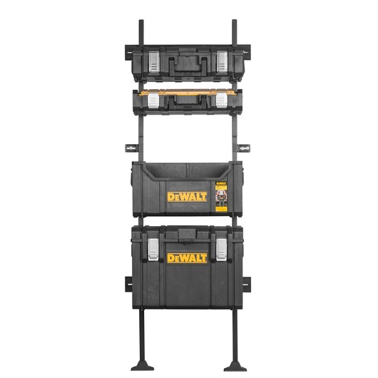 Stacked DEWALT black tool storage boxes with yellow branding, mounted on a vertical stand. The boxes are various sizes and secured with metal latches.
