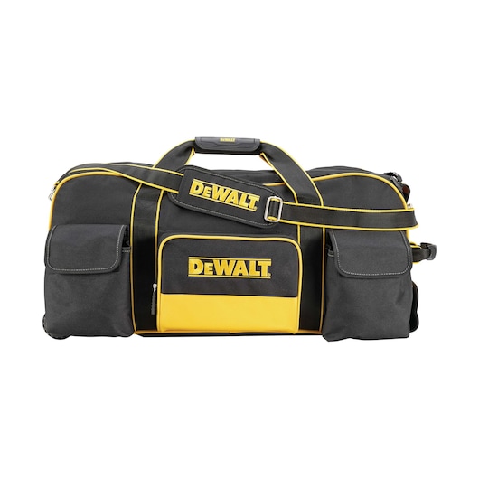 Black and yellow DEWALT tool bag with multiple pockets, zippered main section, handles, and shoulder strap.
