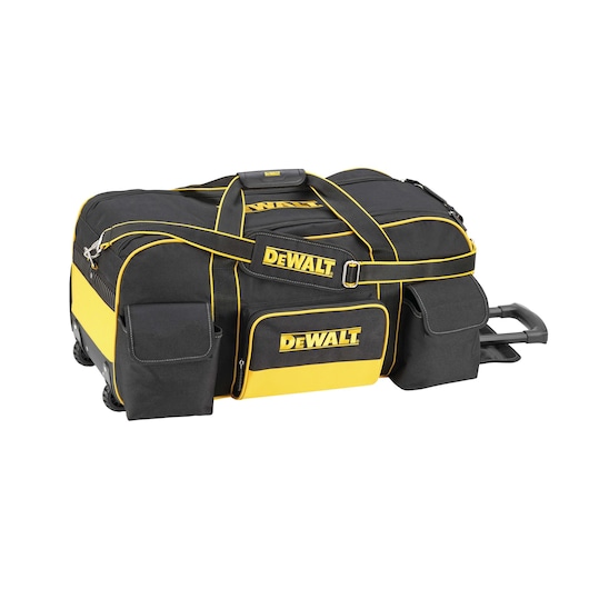 Black and yellow DEWALT rolling tool bag with multiple pockets and a telescopic handle.